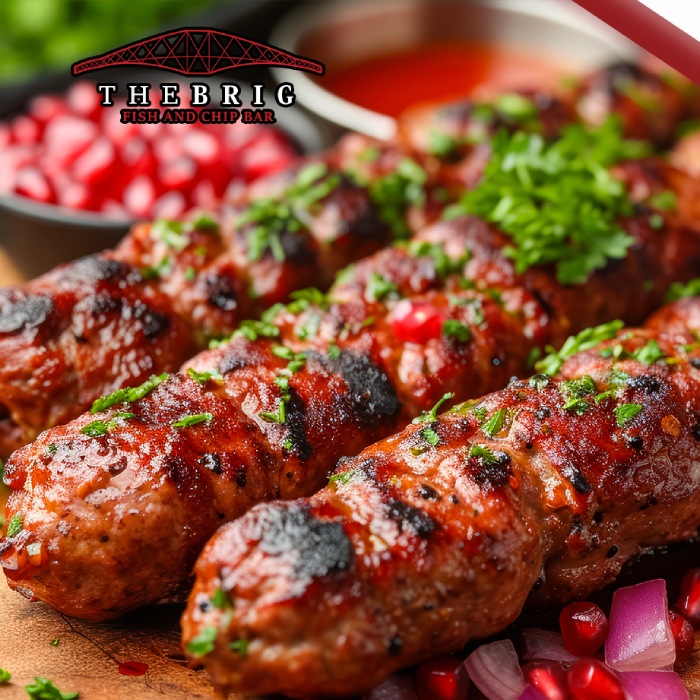 a well grilled succulent kebab with pomegranate and parsley seasoning 
served at the brig takeaway in Dunfermline 